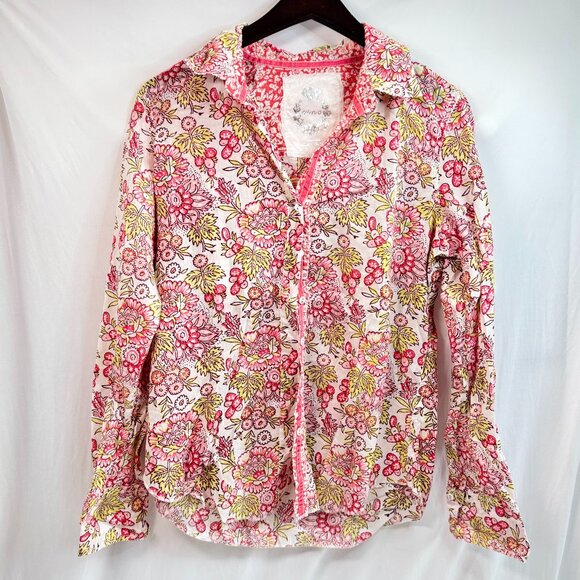 Cino Tops - CINO Women’s Floral Button-Up Shirt Medium Pink Yellow 100% Cotton Crinkle Blous